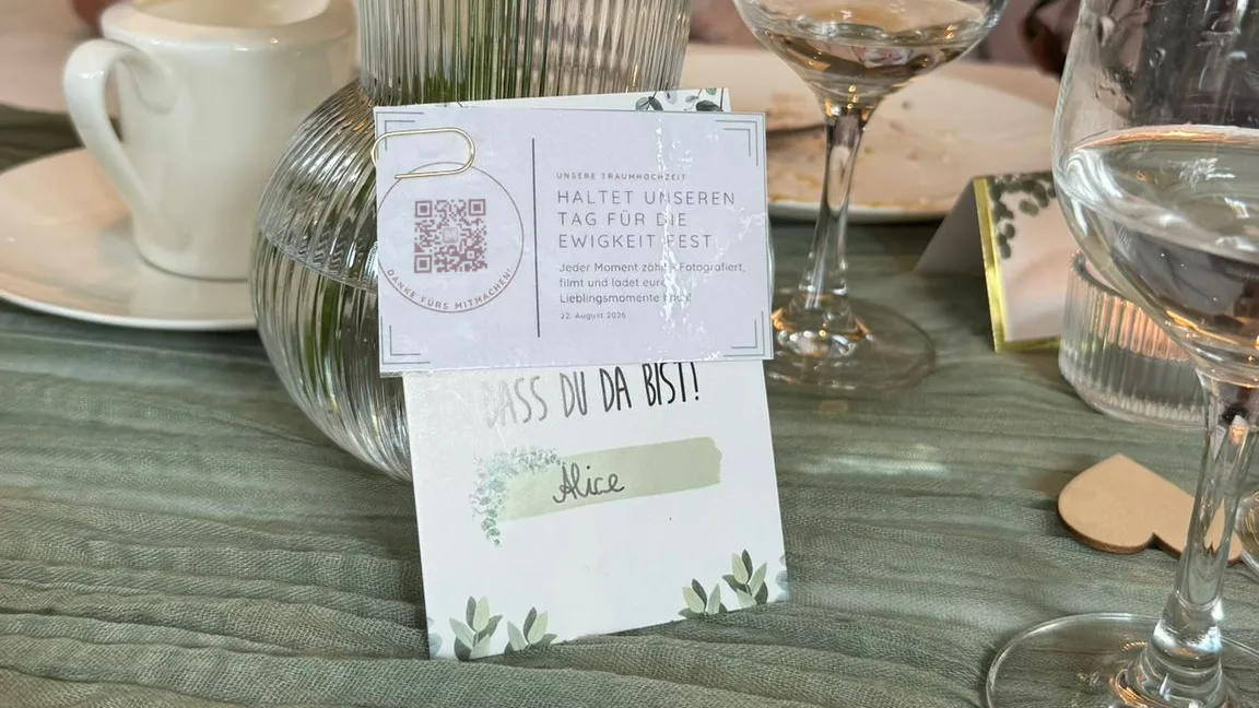 Die Karte am Gedeck, zwischen Namenskärtchen, Gläsern und Blumen