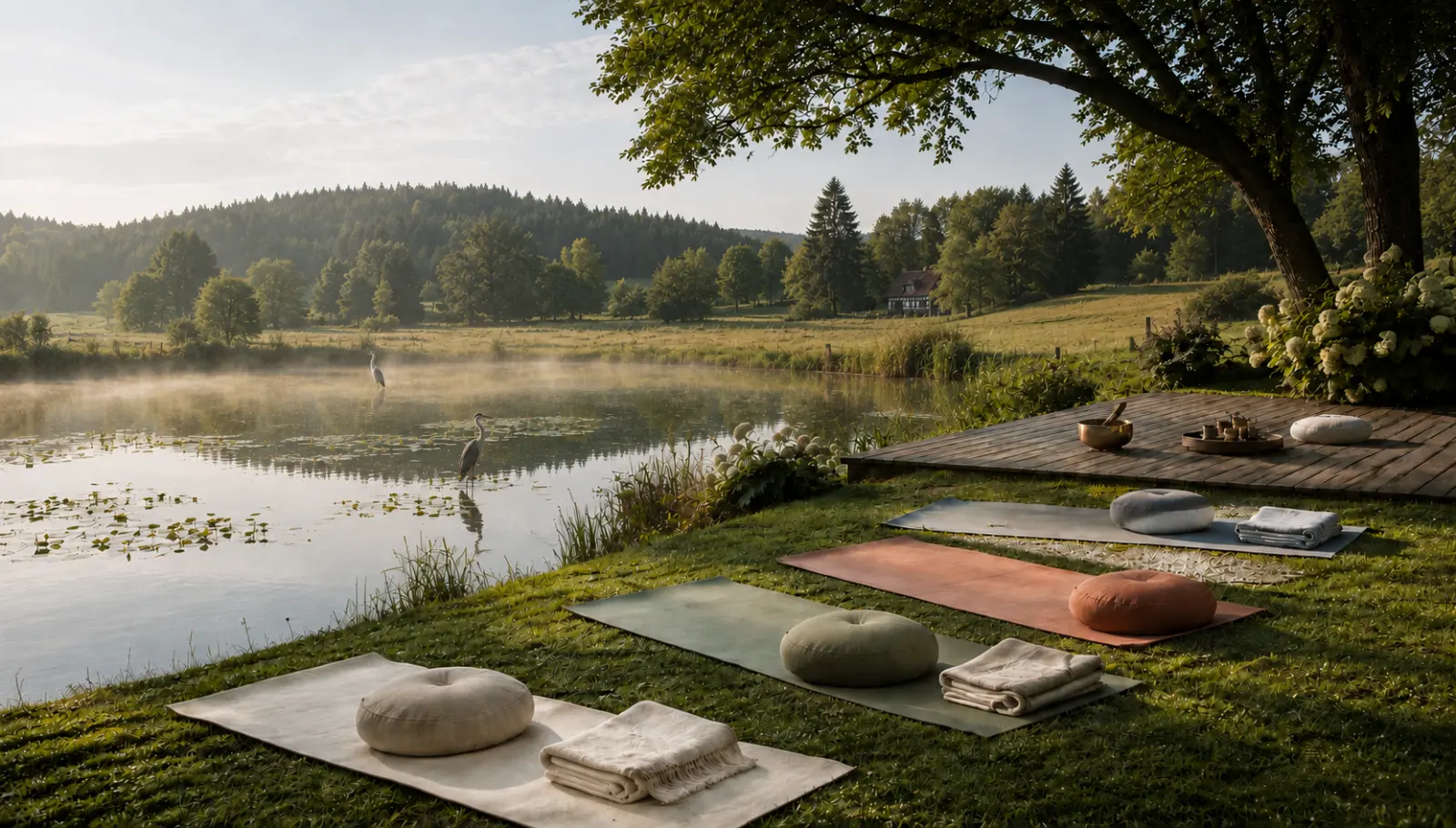 Yogamatten mit Sitzkissen und Decken am nebligen Teich im Morgenlicht, dahinter ein Holzsteg mit Klangschale